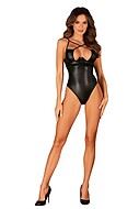 Provocative teddy, faux leather, crossing straps, lace inlay